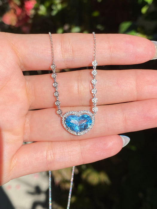 14k white gold blue topaz diamond heart necklace