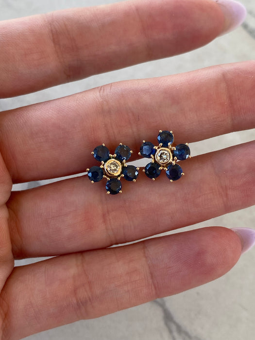 14K Gold Blue Sapphire & Diamond Flower Stud Earrings