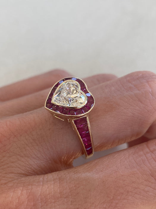 14K Lab Diamond Heart Ring with Natural Ruby Halo