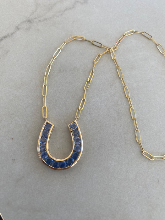 14K Gold Blue Sapphire Ombre Horseshoe Paperclip Necklace