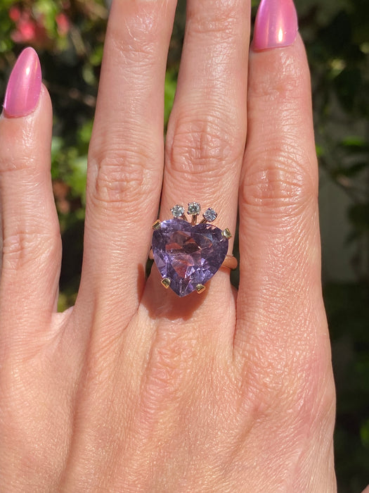 Vintage 14K Amethyst Heart & Diamond Crown Ring