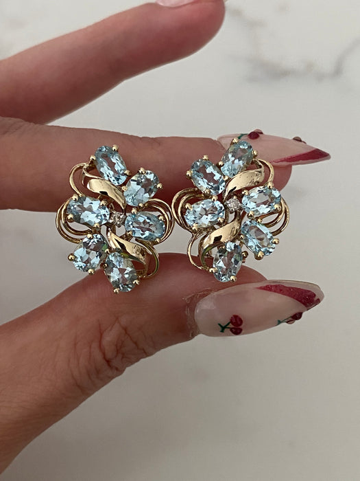 Vintage 14K Gold Blue Topaz & Diamond Cluster Earrings – Omega Back