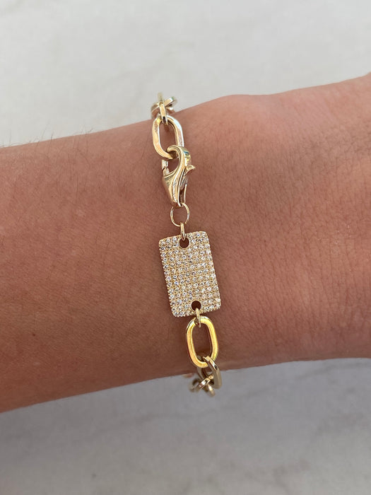 14K Gold Oval Link Paperclip Diamond Charm Bracelet
