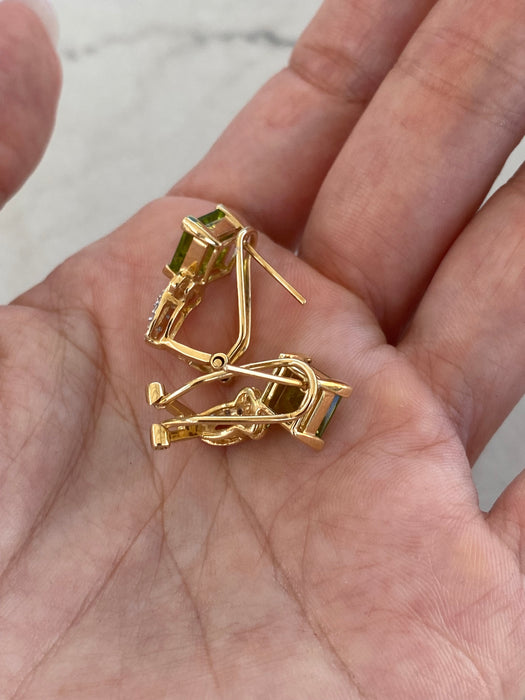 Vintage 14k Gold Peridot and Diamond Omega Back Earrings | Princess Cut Peridot