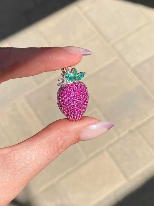 14k white gold ruby and emerald strawberry charm