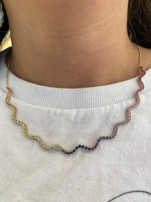 14K Gold Wavy Rainbow Sapphire Necklace