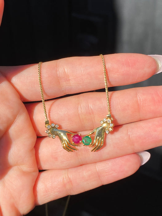 Vintage 18K Gold Hand Necklace with Ruby, Emerald & Diamond Accents – 16.25”
