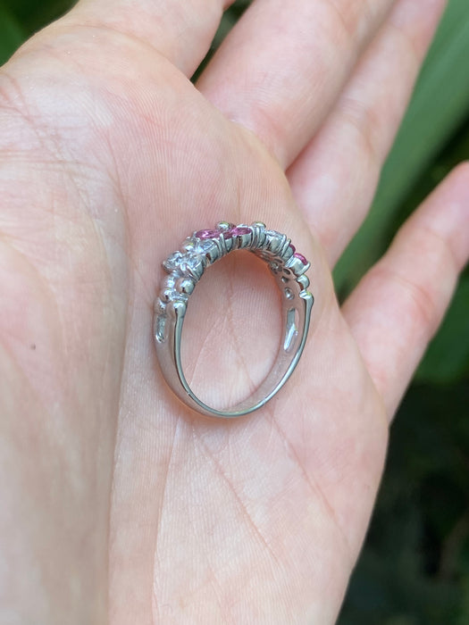 14k white gold pink tourmaline and white topaz flower ring size 9