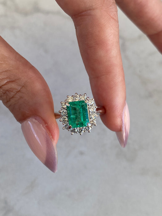 Vintage Platinum 900 Natural Emerald & Diamond Halo Ring