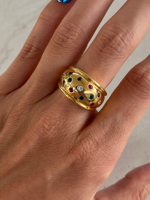 Vintage 18K Gold Multi-Gem Bombe Ring