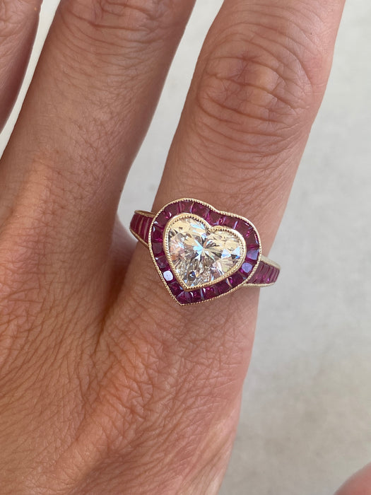 14K Lab Diamond Heart Ring with Natural Ruby Halo