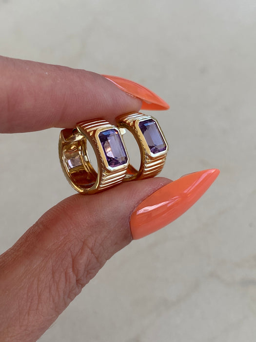 14K Gold Reversible Emerald Cut Amethyst Fluted Huggie Earrings
