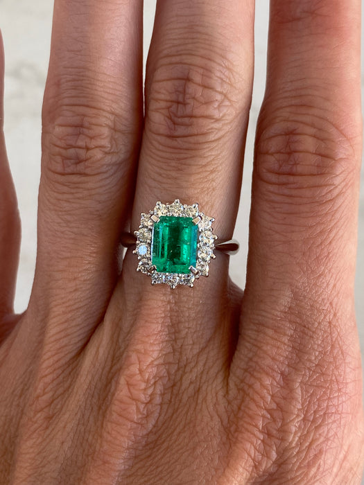 Vintage Platinum 900 Natural Emerald & Diamond Halo Ring