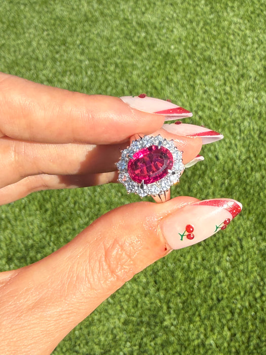 Vintage Platinum 900 Rubellite Tourmaline & Diamond Halo Ring