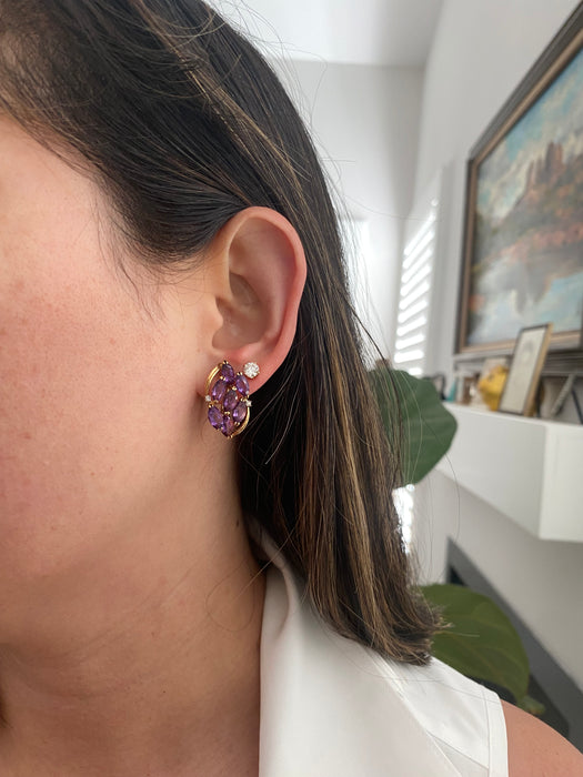 Vintage 14K Gold Marquise Amethyst & Diamond Earrings with Omega Backings