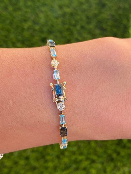 14K Gold Swiss & London Blue Topaz Diamond Tennis Bracelet