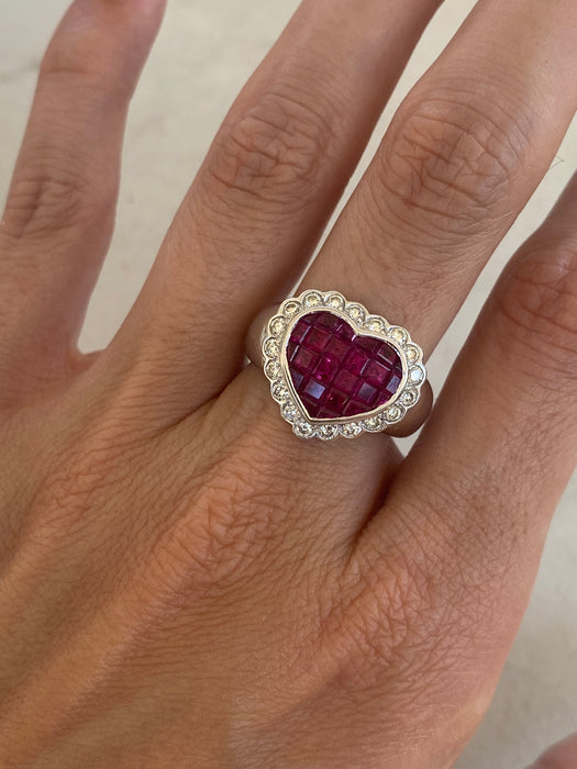 Vintage 18K White Gold Ruby Heart & Diamond Ring