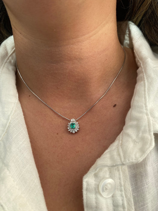 Vintage Platinum Emerald & Diamond Pendant Necklace