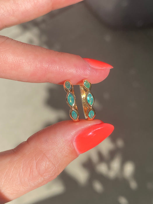 14k bezel set marquise green agate huggie earrings