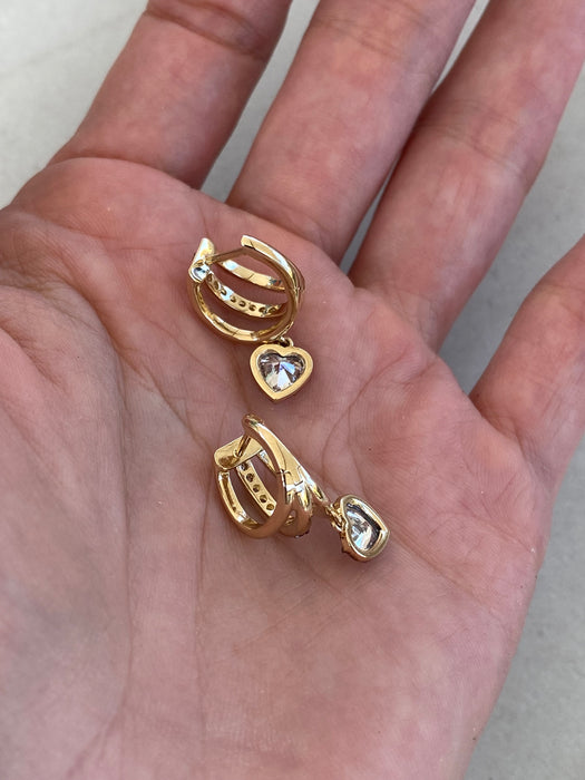 14K Gold Triple Huggie Heart Lab Diamond Earrings