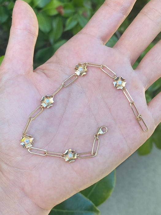 14k diamond paperclip flower bracelet