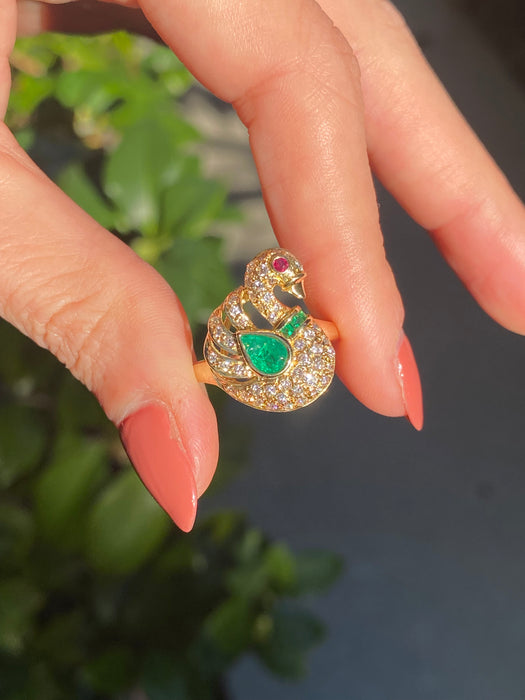 18k diamond emerald ruby swan ring size 5.75