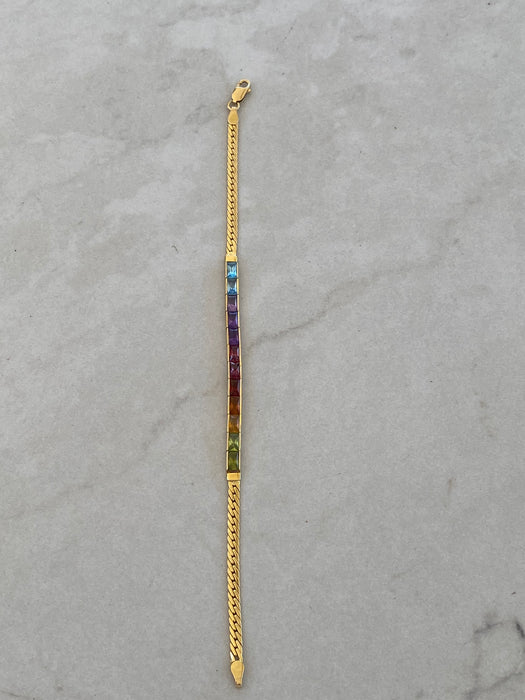 Vintage 18K Gold Rainbow Gemstone Herringbone Bracelet