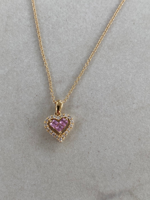 18K Gold Pink Sapphire & Diamond Heart Necklace