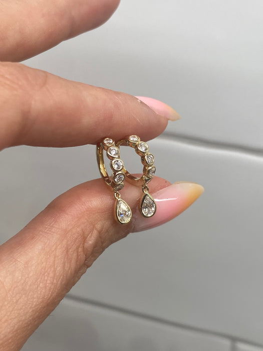 14K Gold Lab Diamond Bezel Huggie Earrings with Pear Drop