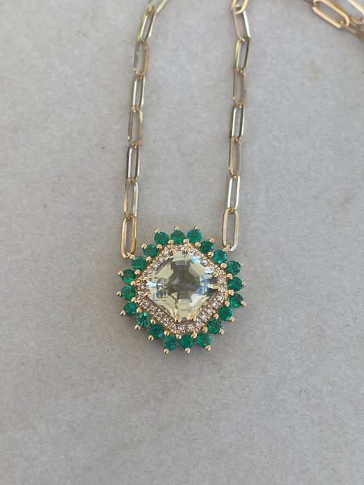 14K Gold Prasiolite, Diamond & Emerald Paperclip Chain Necklace