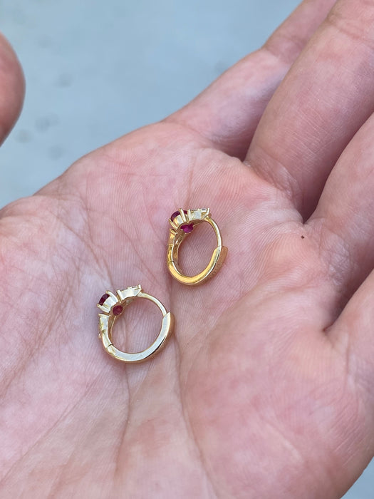14K Gold Natural Ruby & Diamond Huggie Earrings