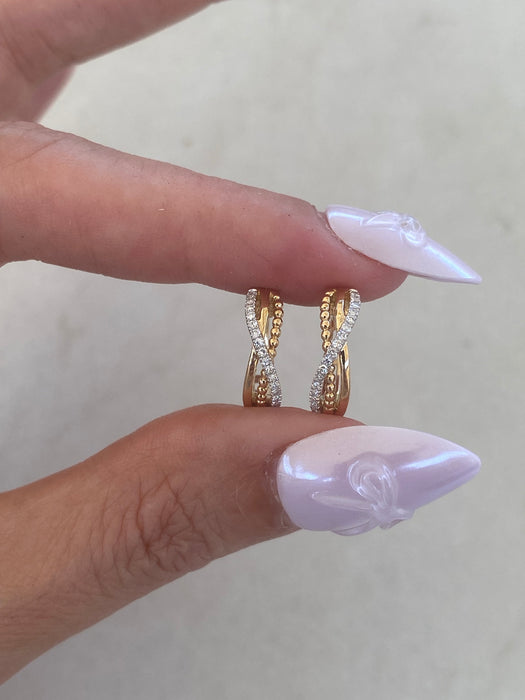 14K Natural Diamond Three-Row Crossover Huggie Earrings