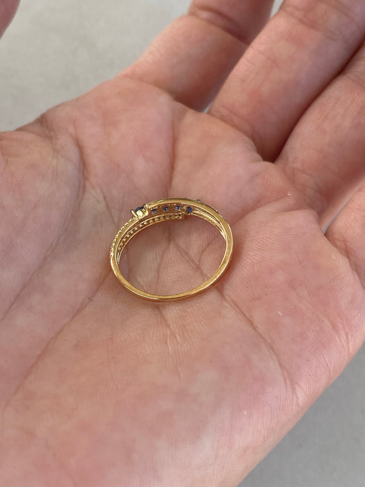14K Gold Blue Sapphire & Diamond Croissant Ring Size 7