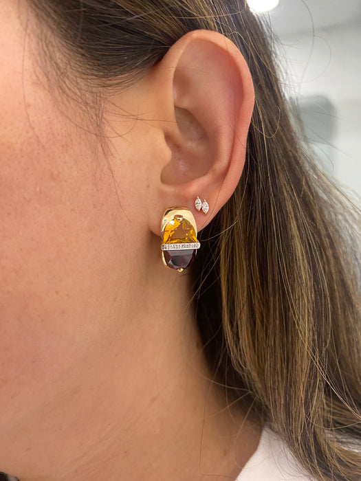 Vintage 14K Gold Garnet, Citrine & Diamond Half Moon Earrings with Omega Backs