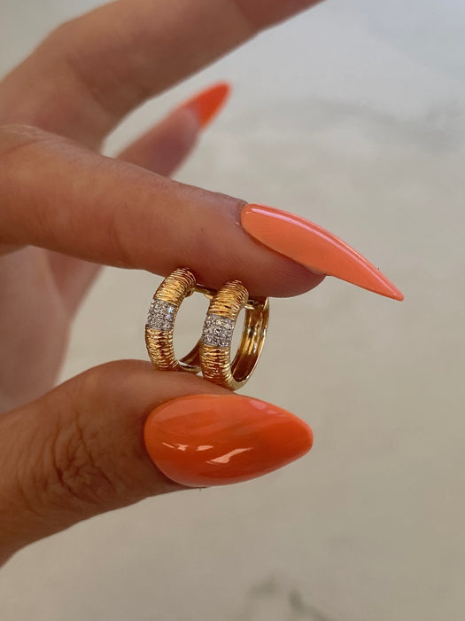 14K Gold Textured Croissant Diamond Huggie Earrings