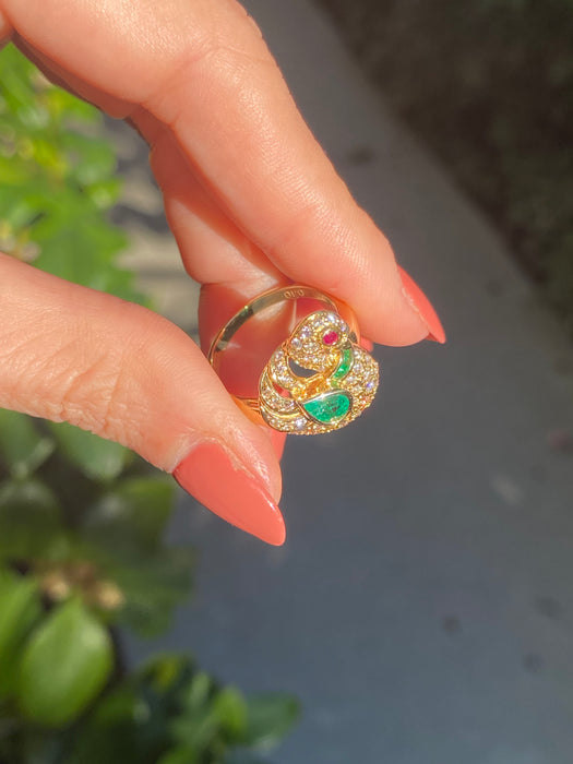 18k diamond emerald ruby swan ring size 5.75