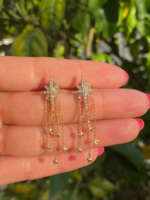 14k diamond star chandelier dangly earrings