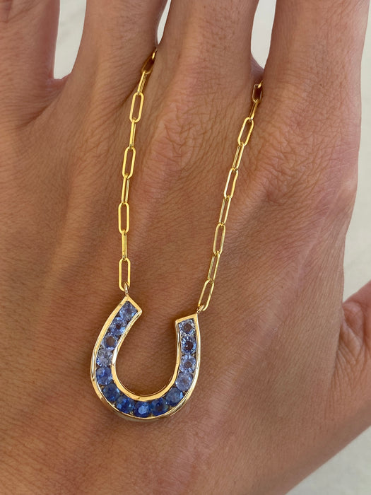 14K Gold Blue Sapphire Ombre Horseshoe Paperclip Necklace
