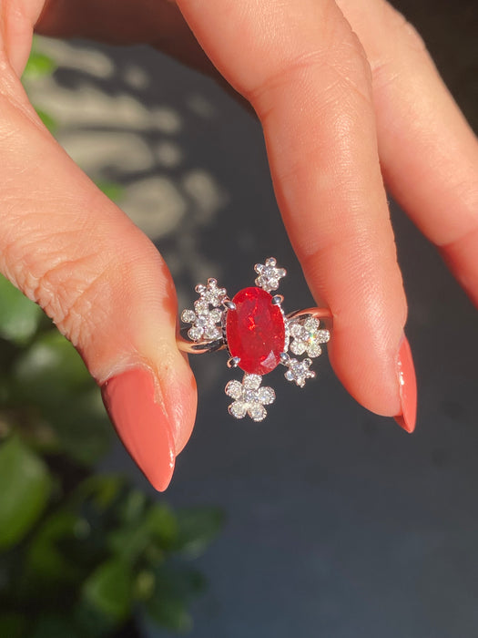 Platinum 900 diamond flower sunstone ring size 6.25