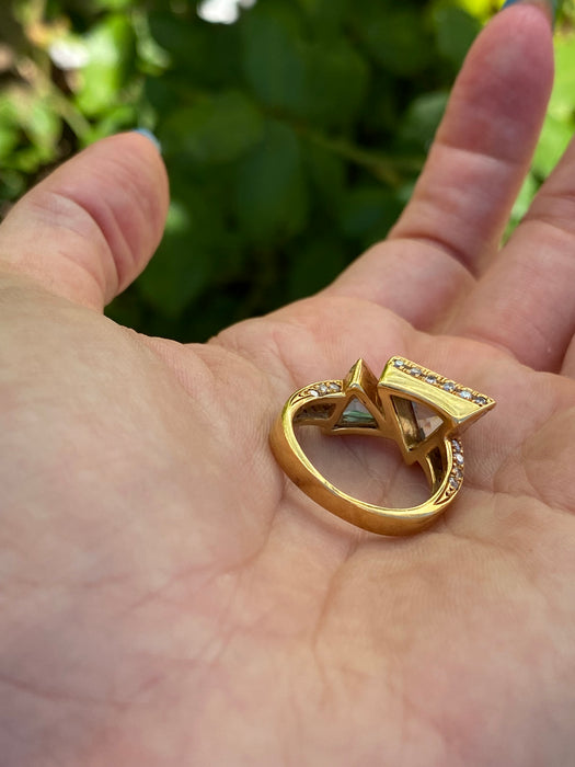 14k diamond aquamarine topaz trillion bypass ring size 6.5