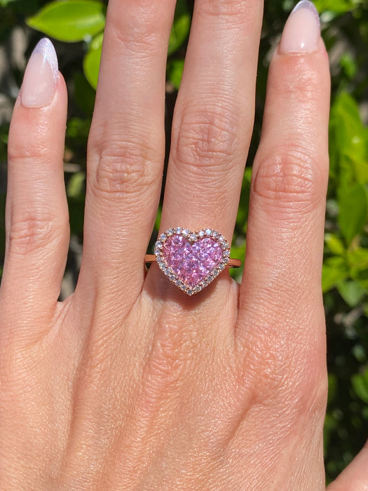 Vintage 18K Rose Gold Pink Sapphire & Diamond Heart Ring