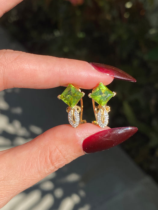 Vintage 14k Gold Peridot and Diamond Omega Back Earrings | Princess Cut Peridot