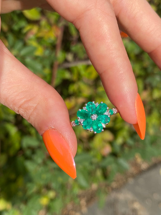 Vintage Platinum 900 Emerald & Diamond Flower Ring