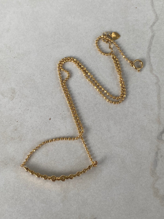 Vintage 18K Diamond-Cut Bead Necklace with Diamond Curve Bar