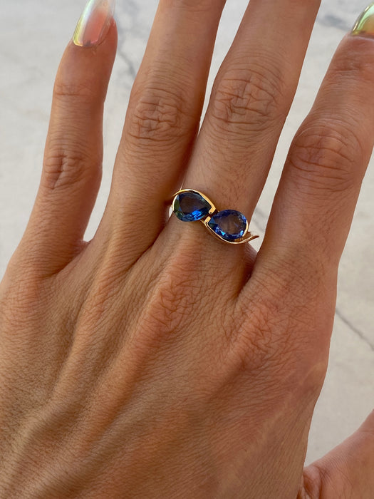 14K Gold Double Pear Blue Sapphire Ring – 2.86 TCW Size 8