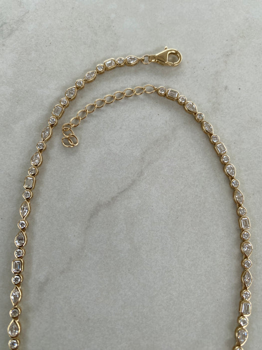 14K Gold 13 Carat Lab Diamond Mixed Cut Bezel Set Tennis Necklace | Pear, Marquise, Emerald & Round
