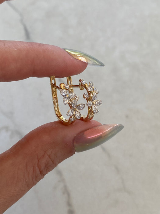 14K Natural Diamond Flower Huggie Earrings