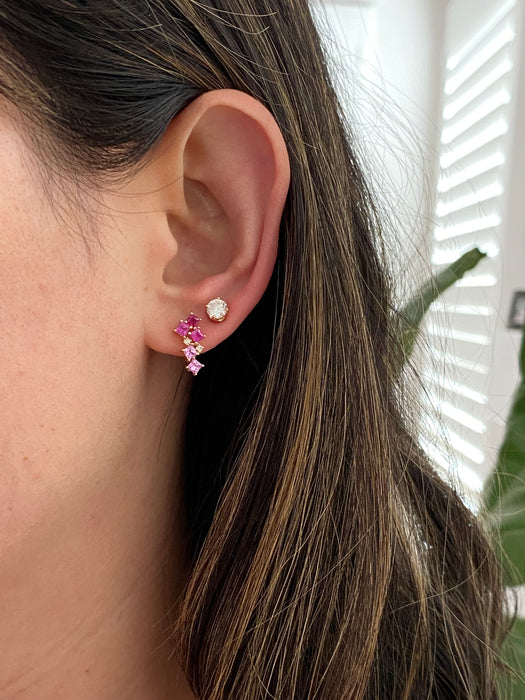 14K Gold Ruby & Pink Sapphire & Diamond Huggie Earrings