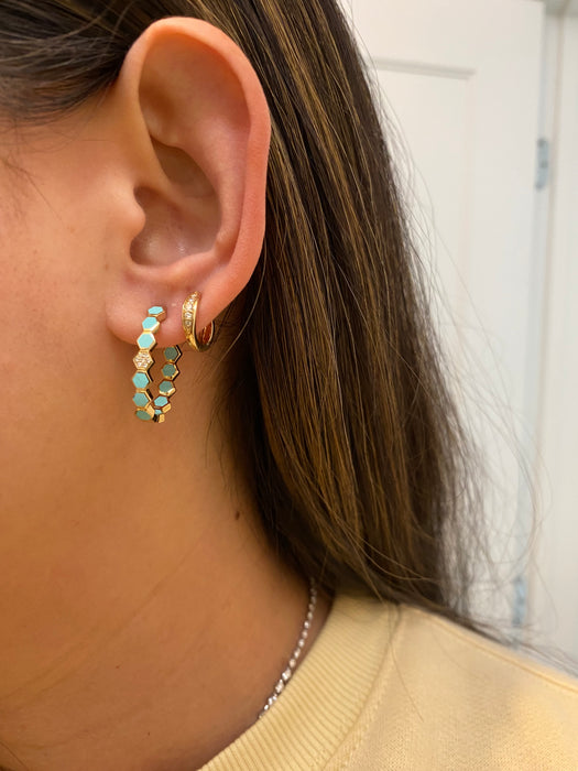 14k blue enamel diamond hexagon huggie hoop earrings