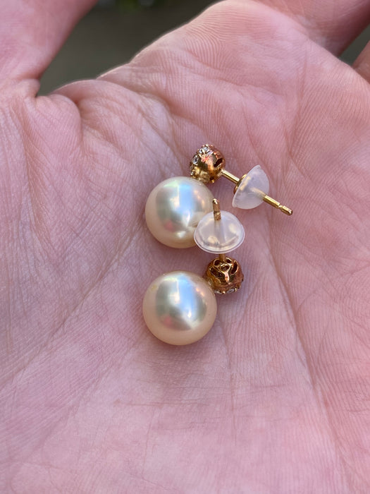 Vintage 18K Gold Diamond & Pearl Earrings